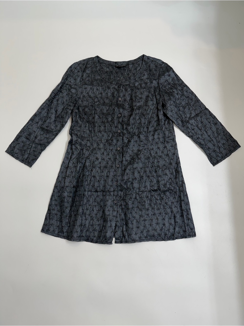 Eileen Fisher 100% Silk Textured Button Front Mini Shirt Dress Midnight Blue S‎